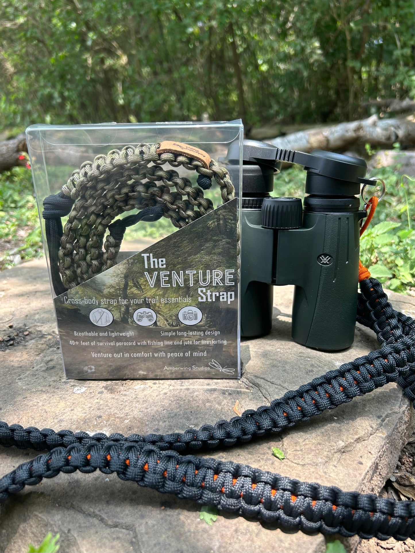 The Venture Strap is a binocular or camera strap made of sturdy paracord. The strap is worn across the body and is more comfortable and durable that traditional binocular harnesses or camera straps.